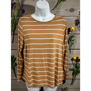Old Navy Luxe Striped Top Sz M Petite Brown White Striped Long-Sleeve Blouse